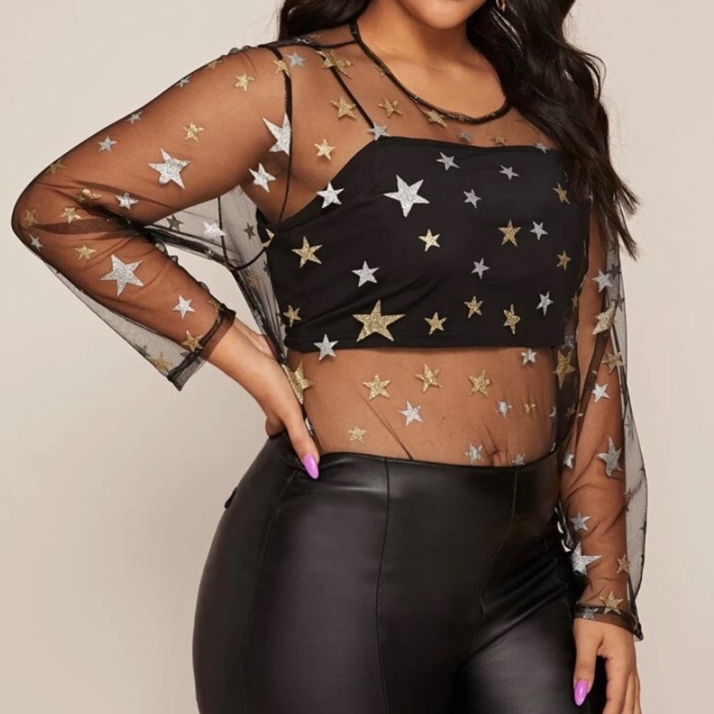 Plus Size Glitter Star mesh top w/o cami - Picture 2 of 3
